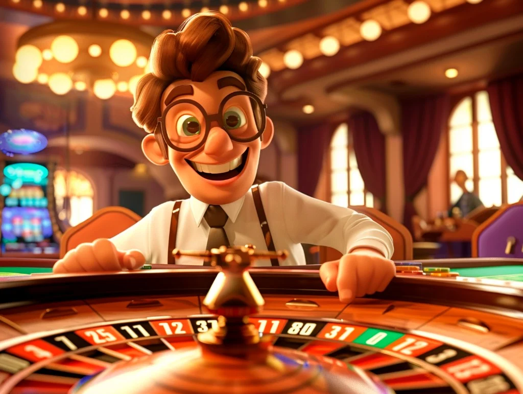 Masayang manlalaro may salamin sa live roulette table sa mainit na mataas na casino; kinang na kahoy na gulong at gintong ilaw sa background