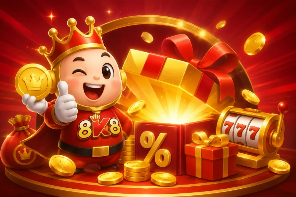 8K8 king mascot with a bonus gift box, gold coins, and a 777 slot win on a red celebration backdrop