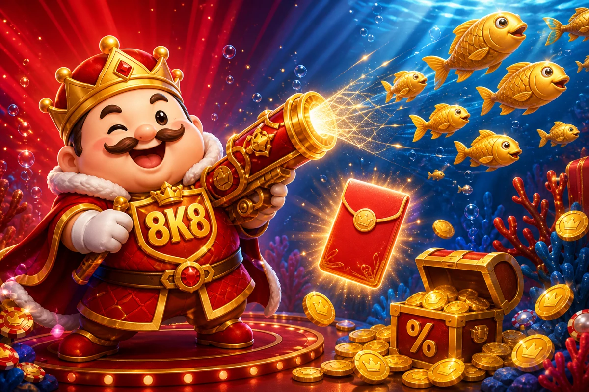 8K8 mascot firing a glowing fishing cannon at a school of golden fish, with a red bonus envelope and coin multiplier in an underwater arena