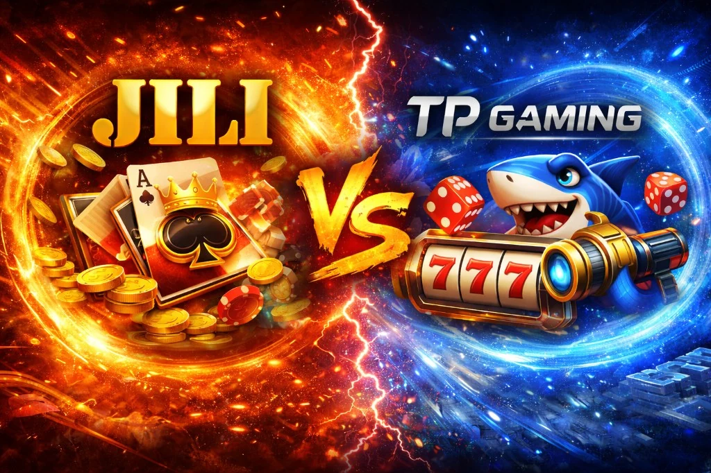 JILI vs TP Gaming split hero — golden cards and chips on fire left, blue shark arcade slot and dice right, VS centerpiece