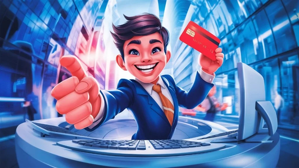 Propesyonal na nakangiti na may credit card at thumbs-up sa modernong desk — tema ng digital na pagbabayad at suporta