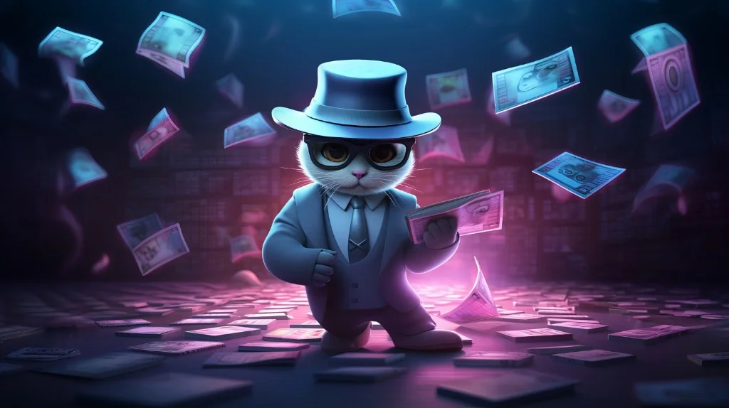 Ilustrasyon ng isang pusa na naka-suit na parang investigator na may lumulutang na pera — tema ng integridad at audit ng platform.