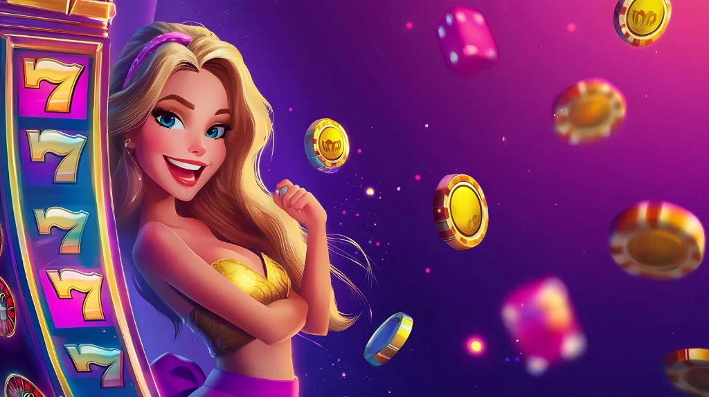 Masayang karakter sa tabi ng slot machine na may mga chips at dice — online slots at tema ng casino gaming