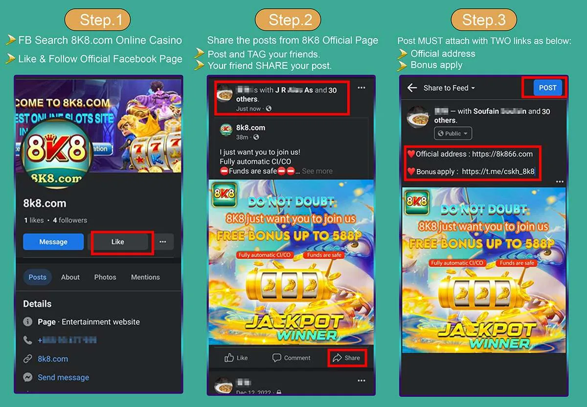 Mga hakbang para mag-apply ng Facebook share bonus sa 8K8